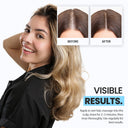 Smiling woman showing healthy hair next to before-and-after scalp images and a “Visible Results” message demonstrating the effectiveness of Growth Essence Minoxidil Shampoo.
