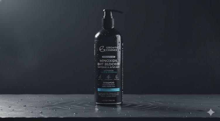 Growth Essence Minoxidil Shampoo bottle standing upright on a dark moody background with water droplets and dramatic lighting.