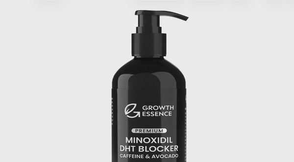 Close-up zoom video of the Growth Essence Minoxidil Shampoo bottle against a clean white background.